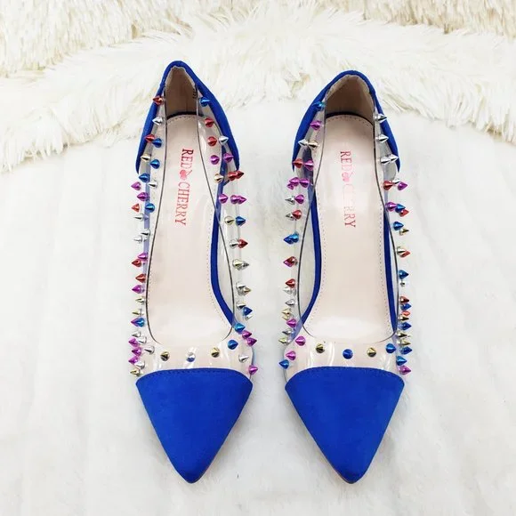 Gigi 09 Blue Multi Color Spiked Stiletto High Heel Shoes Pumps - Picture 6 of 9